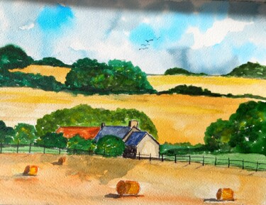 Painting titled "La ferme fermée" by Dupicard, Original Artwork, Watercolor