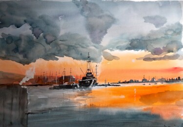Peinture intitulée "Un soir au port" par Dupicard, Œuvre d'art originale, Aquarelle