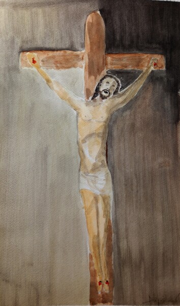 Painting titled "Le Christ en croix" by Dupicard, Original Artwork, Watercolor