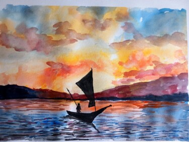 Painting titled "Paisible lac" by Dupicard, Original Artwork, Watercolor