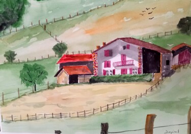 Painting titled "La ferme de Xabi" by Dupicard, Original Artwork, Watercolor