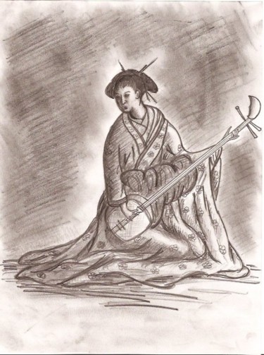Dessin intitulée "Joueuse de shamisen" par Denis Dupon, Œuvre d'art originale, Autre