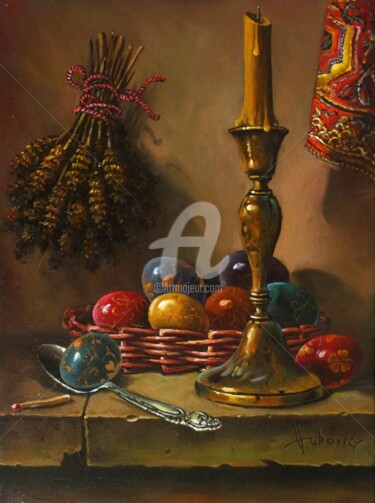 Painting titled "Easter - decorating…" by Dusan Vukovic, Original Artwork, Oil