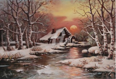 Painting titled "old mill in the snow" by Dusan Vukovic, Original Artwork, Oil