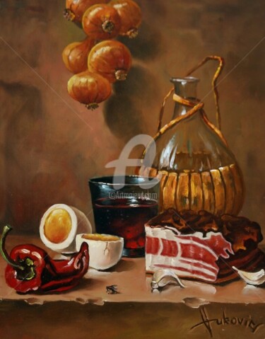 Painting titled "Still life with  ba…" by Dusan Vukovic, Original Artwork, Oil