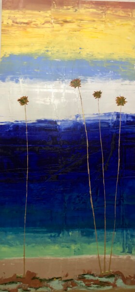 Schilderij getiteld "Four Palms" door Dutch Montana, Origineel Kunstwerk, Olie Gemonteerd op Frame voor houten brancard