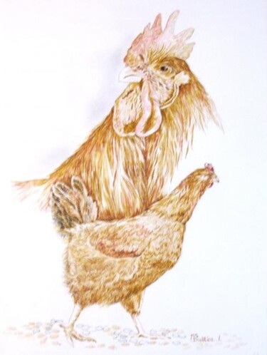 Peinture intitulée "Le coq et sa poule" par Monique Dutter-Lemierre, Œuvre d'art originale
