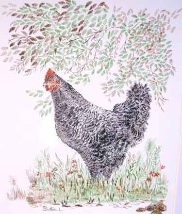 Painting titled "La petite poule gri…" by Monique Dutter-Lemierre, Original Artwork