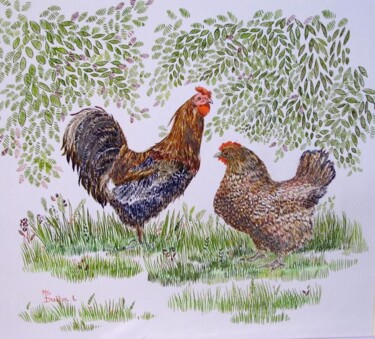 Peinture intitulée "Le coq et sa poule.…" par Monique Dutter-Lemierre, Œuvre d'art originale