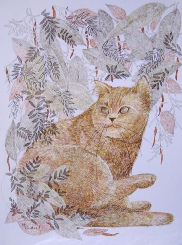 Peinture intitulée "Le chat roux à sa t…" par Monique Dutter-Lemierre, Œuvre d'art originale