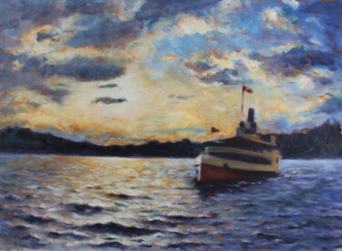 Painting titled "Croisière sur le lac" by Duy Tran, Original Artwork, Oil Mounted on Wood Stretcher frame