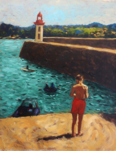 Painting titled "Le phare d'Erquy" by Duy Tran, Original Artwork, Oil Mounted on Wood Stretcher frame