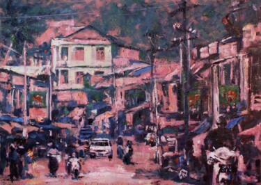 Painting titled "Rue de Birmanie" by Duy Tran, Original Artwork, Oil Mounted on Wood Stretcher frame