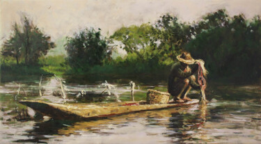 Painting titled "Pêcheur de Birmanie" by Duy Tran, Original Artwork, Oil Mounted on Wood Stretcher frame