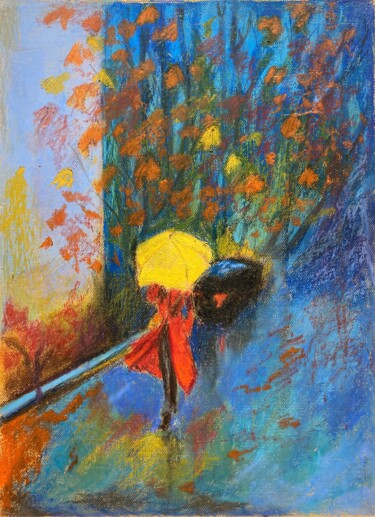 Malerei mit dem Titel "Yellow umbrella" von Lusie Schellenberg, Original-Kunstwerk, Pastell
