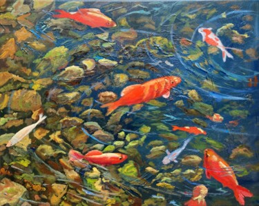 Schilderij getiteld "RED FISH" door Lusie Schellenberg, Origineel Kunstwerk, Olie