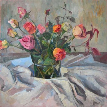 Картина под названием "Розы на белой драпи…" - Dmitry Veltishchev, Подлинное произведение искусства, Масло