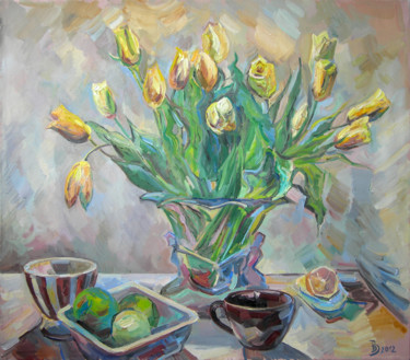Картина под названием "Натюрморт с тюльпан…" - Dmitry Veltishchev, Подлинное произведение искусства, Масло