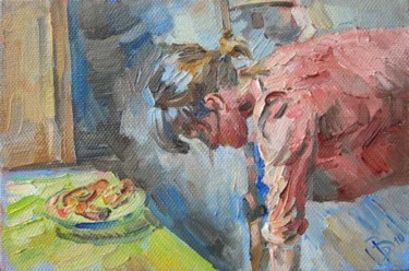 Картина под названием "On the kitchen" - Dmitry Veltishchev, Подлинное произведение искусства, Масло