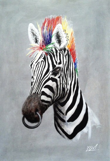 Malerei mit dem Titel "Punk Rock Zebra #2" von Dzmitry Vasilenka, Original-Kunstwerk, Acryl