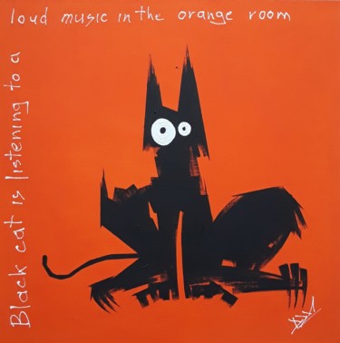Ζωγραφική με τίτλο "Black cat is listen…" από Dzm, Αυθεντικά έργα τέχνης, Ακρυλικό
