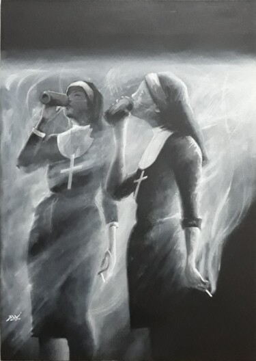 Schilderij getiteld "Монашки тоже курят." door Dzm, Origineel Kunstwerk, Olie Gemonteerd op Houten paneel
