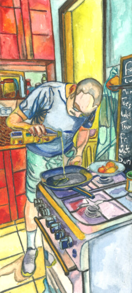 Peinture intitulée "Preparing the pan" par Dzovig Arnelian, Œuvre d'art originale, Aquarelle Monté sur Autre panneau rigide