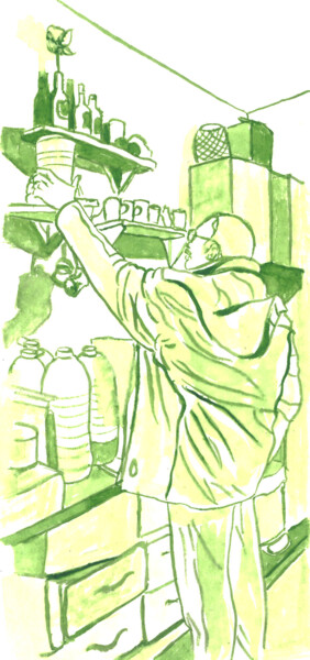 Pintura intitulada "Green Man Kitchen" por Dzovig Arnelian, Obras de arte originais, Aquarela Montado em Outro painel rígido