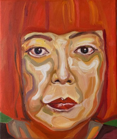 Painting titled "Yayoi Kusama" by Anastazja Dżupina, Original Artwork, Oil Mounted on Wood Stretcher frame