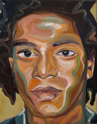 Painting titled "Jean-Michel Basquiat" by Anastazja Dżupina, Original Artwork, Oil Mounted on Wood Stretcher frame