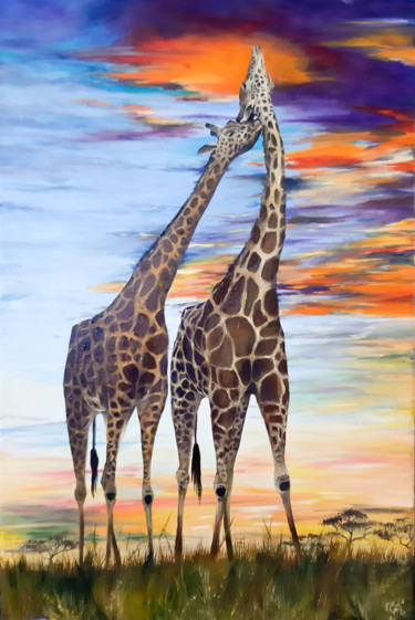 Painting titled "Giraffes in love" by Elizaveta Kiriushkina, Original Artwork, Oil Mounted on Wood Stretcher frame