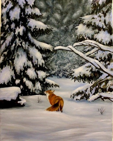 Painting titled "Fox" by Elizaveta Kiriushkina, Original Artwork, Oil Mounted on Wood Stretcher frame