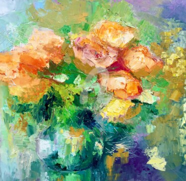 Painting titled ""Roses d'automne" 5…" by Eliane Boivin, Original Artwork, Oil