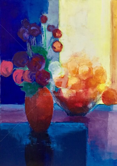 Painting titled "Fleurs et fruits 70…" by Eliane Boivin, Original Artwork, Oil
