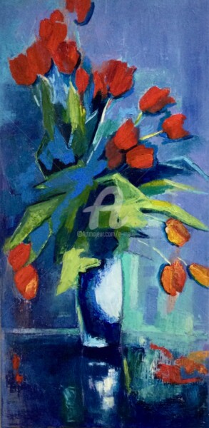 Painting titled "Tulipes rouges" by Eliane Boivin, Original Artwork, Oil