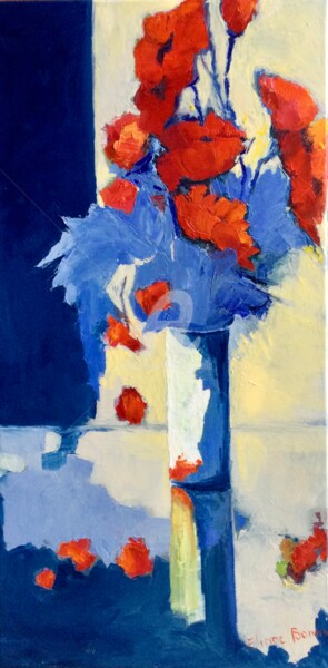 Painting titled "Les pavots 3" by Eliane Boivin, Original Artwork, Oil Mounted on Wood Stretcher frame