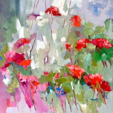 Painting titled "Couleurs géranium" by Eliane Boivin, Original Artwork, Oil Mounted on Wood Stretcher frame