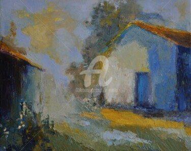 Peinture intitulée ""Les-cabanes" 32X55" par Eliane Boivin, Œuvre d'art originale, Huile