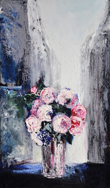 Картина под названием ""Roses anciennes po…" - Eliane Boivin, Подлинное произведение искусства, Масло