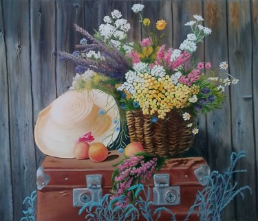 Painting titled "Цветочный натюрморт…" by Elena Mokha, Original Artwork, Oil Mounted on Wood Stretcher frame