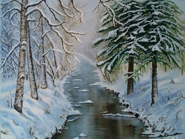 Картина под названием "зимний пейзаж,"Зимн…" - Elena Mokha, Подлинное произведение искусства, Масло Установлен на Деревянная…