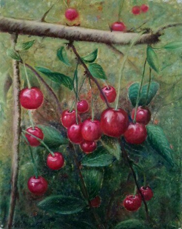 Картина под названием "натюрморт с вишнями…" - Elena Mokha, Подлинное произведение искусства, Масло