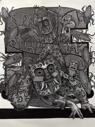Estampas & grabados titulada "Mexican art. Jaguar…" por E. Robledo, Obra de arte original, Gofrado en papel
