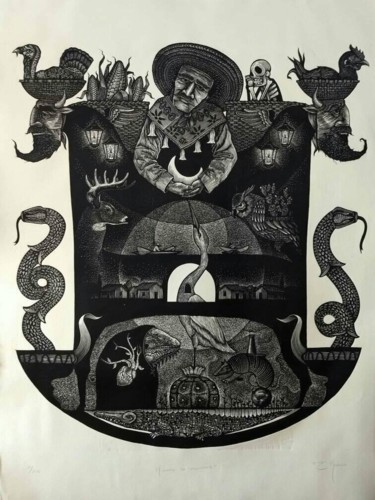 Estampas & grabados titulada "Guardians of knowle…" por E. Robledo, Obra de arte original, Gofrado en papel