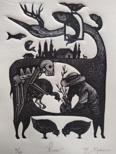 Druckgrafik mit dem Titel "Village" von E. Robledo, Original-Kunstwerk, Linoldrucke