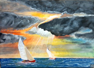 Painting titled "Course tahitienne" by E4sound, Original Artwork, Oil