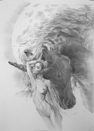 Картина под названием "Full moon #5" - Eagle Zac, Подлинное произведение искусства, Древесный уголь