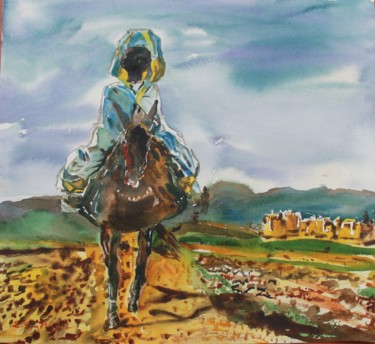 Painting titled "Riding a Mule" by Zi Sjahsam, Original Artwork, Watercolor