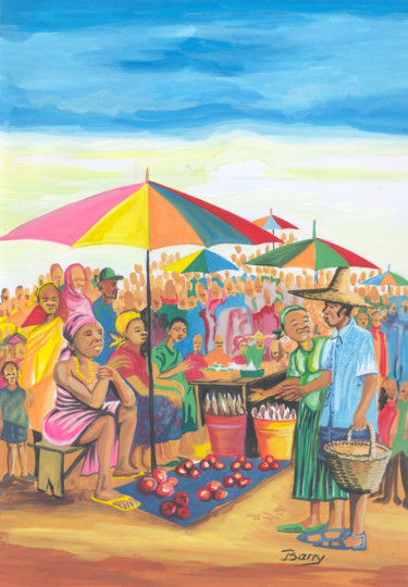 Painting titled "Marche au Cameroun" by Emmanuel Baliyanga, Original Artwork, Oil