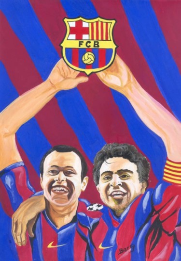 Painting titled "Xavi et Iniesta" by Emmanuel Baliyanga, Original Artwork, Oil